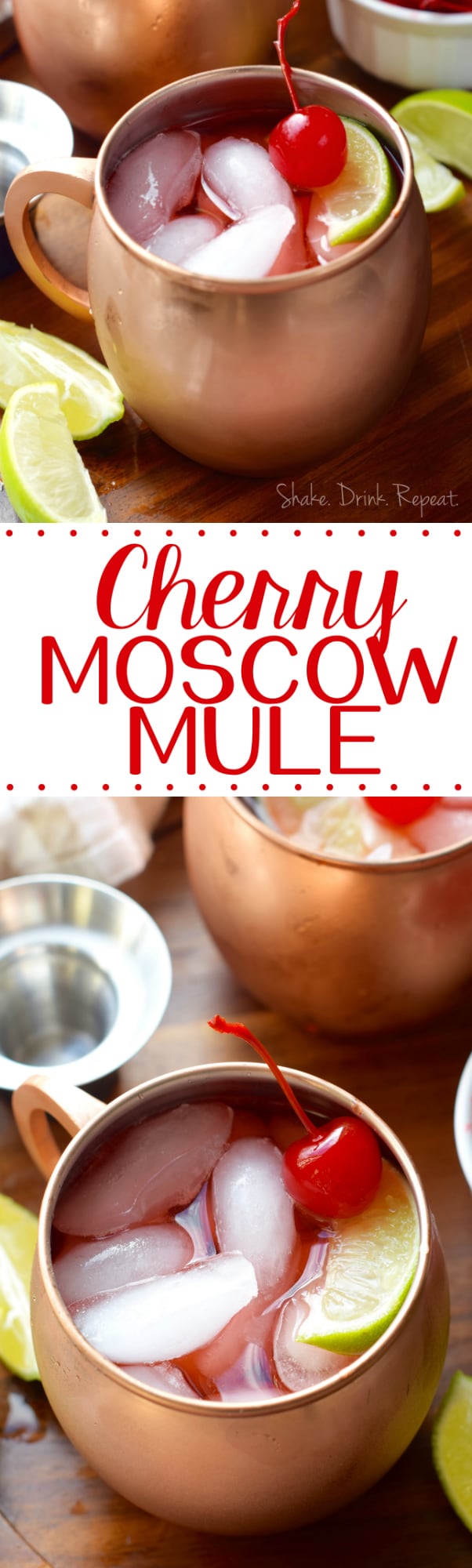 This Cherry Moscow Mule Recipe is such a delicious fun twist on the classic.  Made with easy to find ingredients, vodka, grenadine, ginger beer, and lime juice, this will be your new favorite party cocktail.