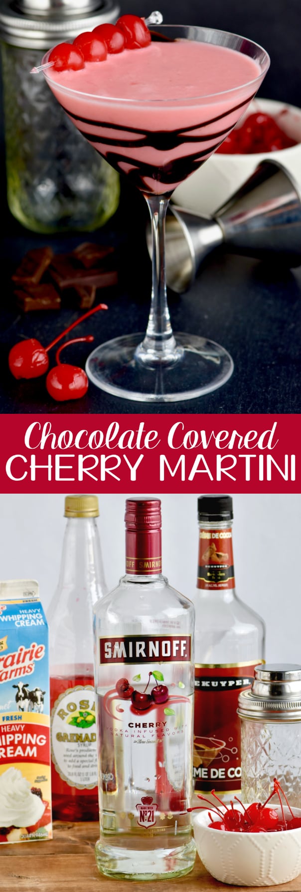 This Chocolate Covered Cherry Martini recipe is like dessert in a glass! Made with cherry vodka, this drink comes together in minutes!