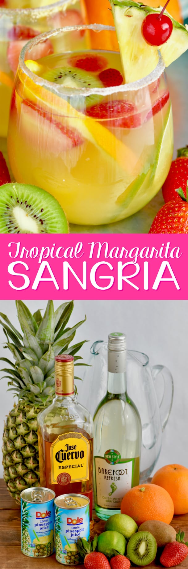 This Tropical Margarita Sangria recipe starts with white wine and then some simple ingredients. This easy cocktail is a fun twist on a traditional sangria recipe.