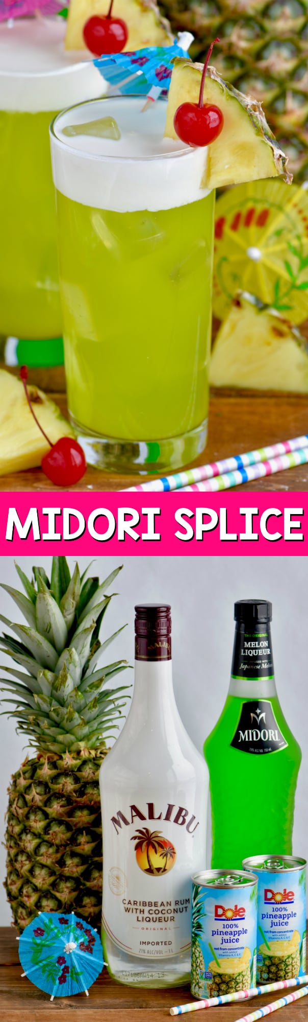This Midori Splice cocktail is the perfect tropical drink made with just four ingredients!