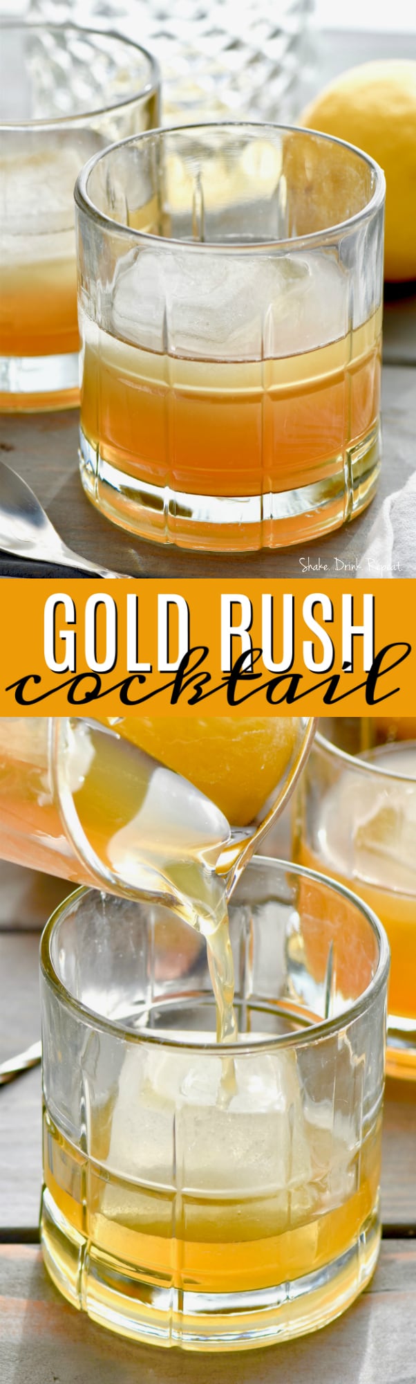 two images of a gold rush cocktail