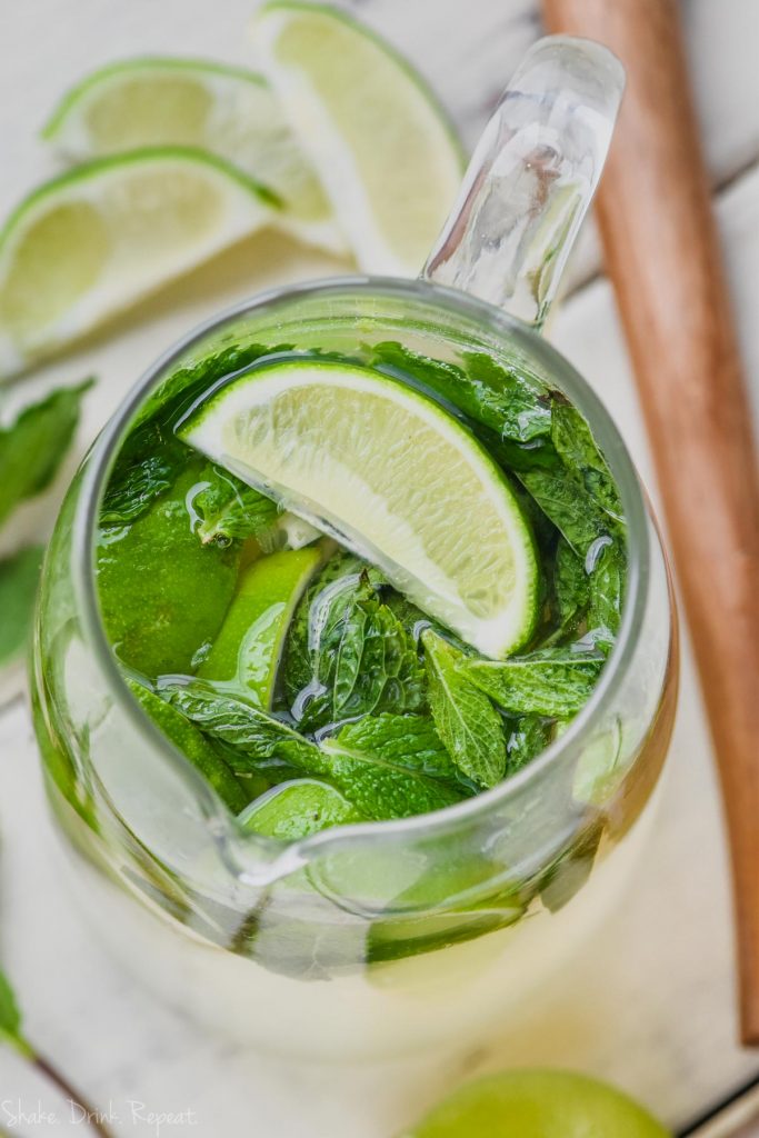 over head shot of mojito sangria with mint and lime