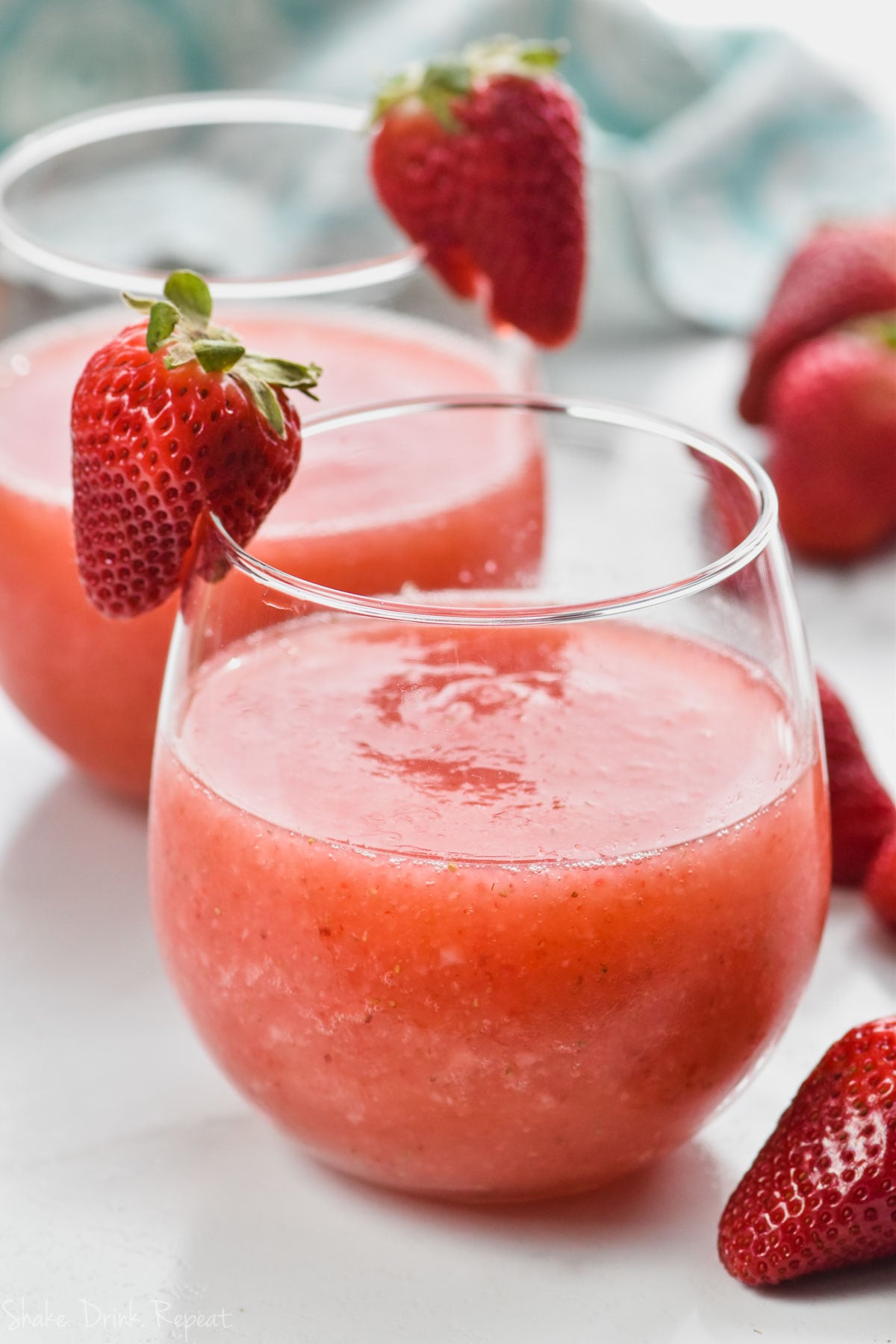 close up of wine glass with strawberry wine slushie