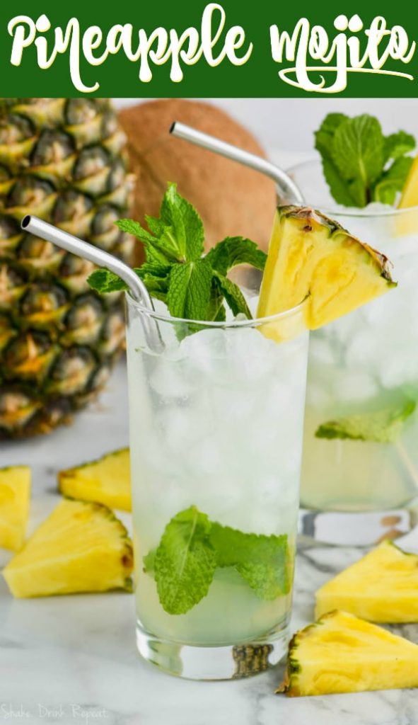 pineapple mojito in a tall glass garnished with mint and fresh pineapple