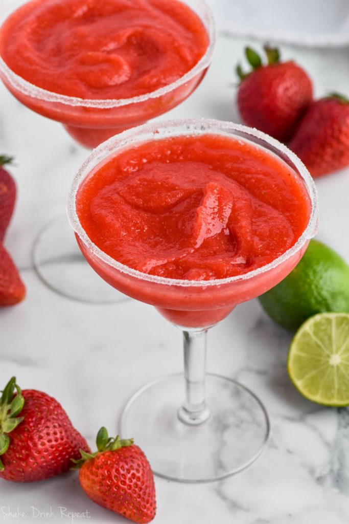 overhead view of strawberry margarita in a glass