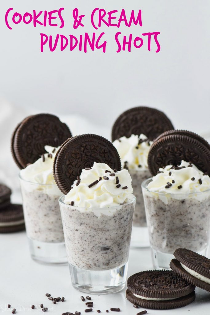 four shot glasses filled with cookies and cream pudding shots