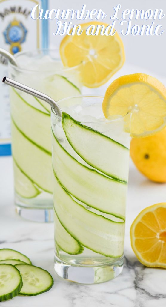 cucumber lemon gin and tonic in tall glass lined with sliced cucumber