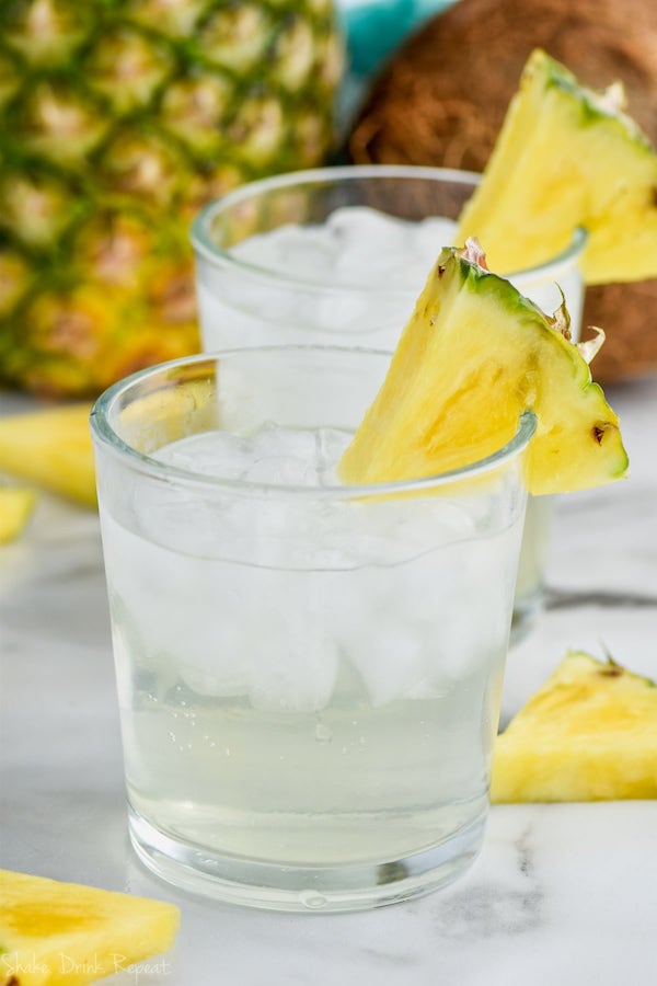 up close glass of low calorie pina colada vodka soda