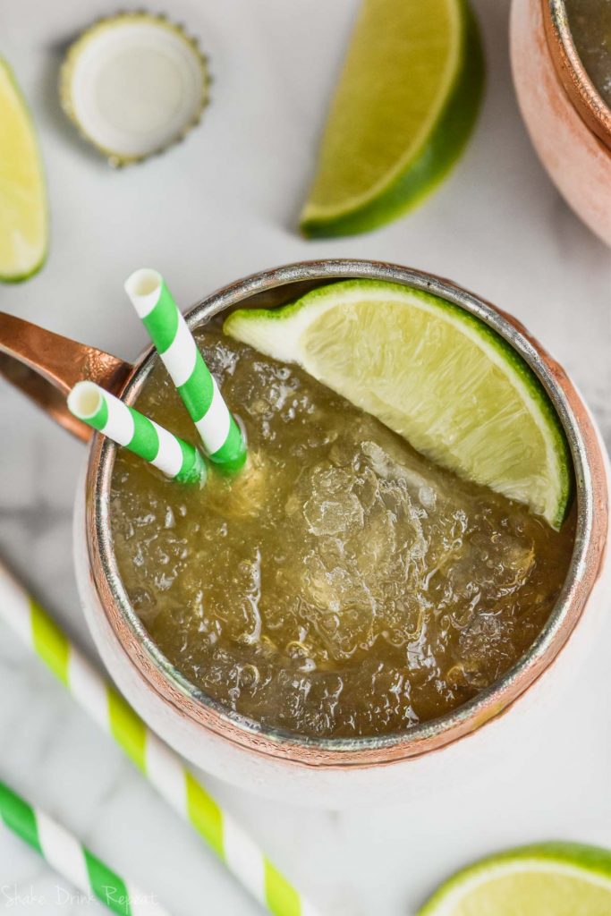 overhead view of moscow mule slush in copper mug