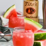 glass of watermelon vodka tonic garnished with a watermelon wedge