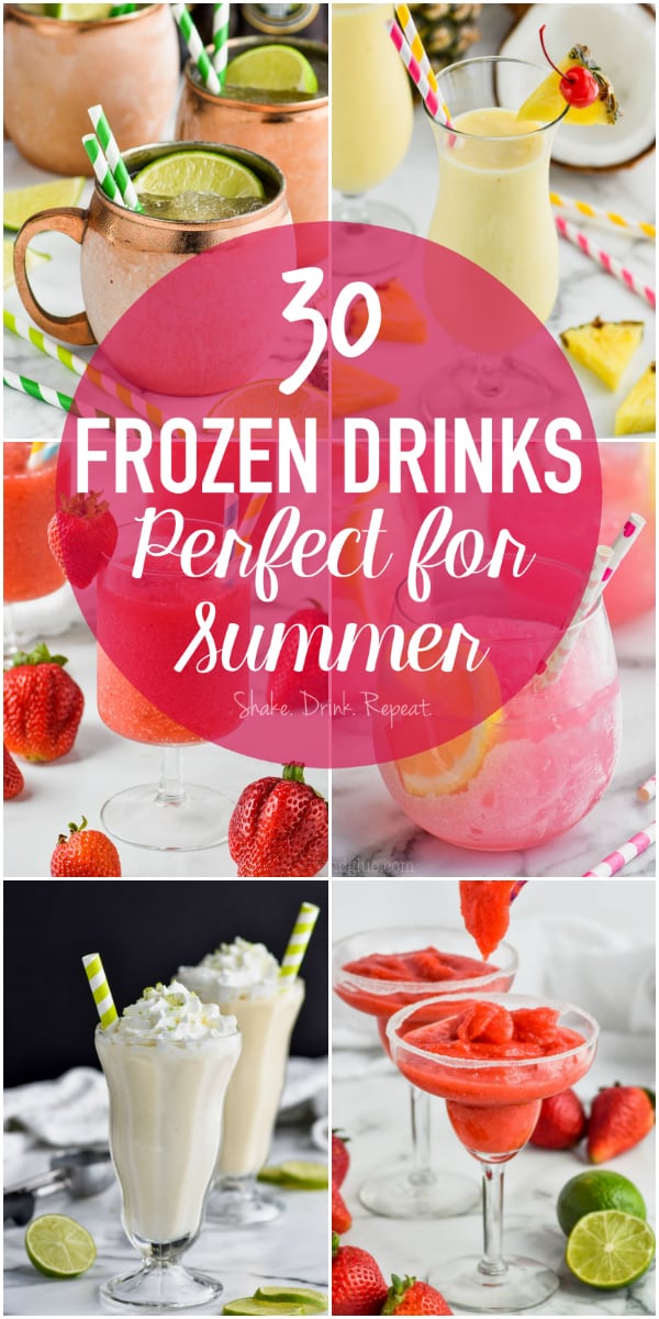 collage of six different frozen cocktails with overlay