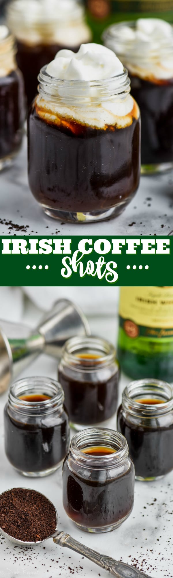 shot glass filled with irish coffee and topped with whipped cream