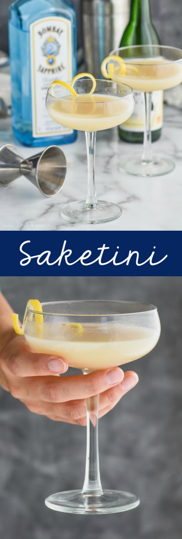glass with saketini cocktail recipe in front of a bottle of gin and a bottle of sake