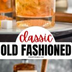 Two glasses of old fashioned with ice, cherry, orange slice and muddler sitting off to the side with a sugar cube