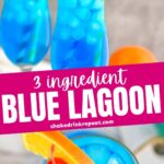 glasses of Blue Lagoon cocktail recipe with straws, orange slice, and cherry garnish