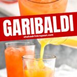 glass of Garibaldi cocktail recipe over ice with orange juice pitcher