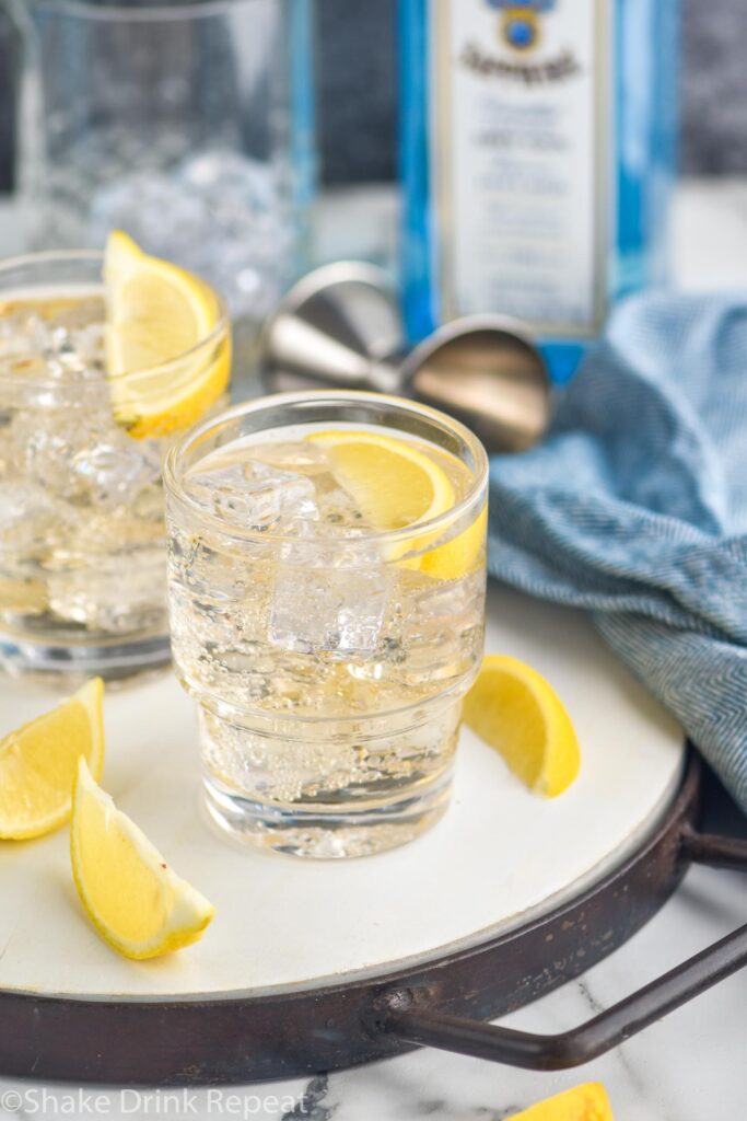 two glasses of gin and ginger ale ingredients with ice and lemon