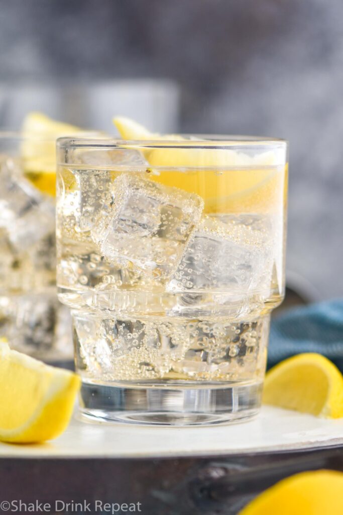 glass of gin and ginger ale with ice and lemon