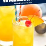 glass of Harvey Wallbanger drink with orange wedge and cherry garnish and straws
