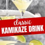 Kamikaze Drink being poured into martini glass with lime wedge garnish