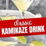 Kamikaze Drink being poured into martini glass with lime wedge garnish