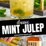 glass of mint julep with shaved ice, bourbon and fresh mint leaves