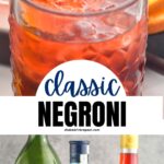 classic Negroni cocktail ingredients gin, campari, sweet red vermouth in a glass with ice and orange twist