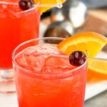 two glasses sloe gin fizz recipe with orange slice and cherry garnish