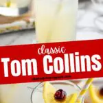 glass of tom collins with ice, lemon and cherry garnish