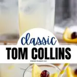 glass of tom collins with ice, lemon and cherry
