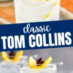 glass of tom collins drink with ice, straw, lemon, and cherry