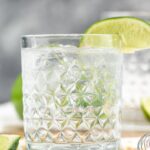 glass of vodka tonic cocktail with ice and lime wedge