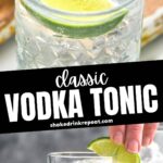 glass of vodka tonic cocktail with ice and lime wedge