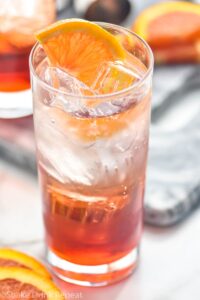 glass of Americano cocktail with ice and orange slice garnish