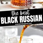 Two glasses of Black Russian with ice, surrounded by coffee beans