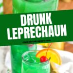 Two glasses of Drunk Leprechaun with orange and cherry garnish, spoon and straw on the side