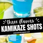 three flavors kamikaze shots in glasses with lime and orange wedge