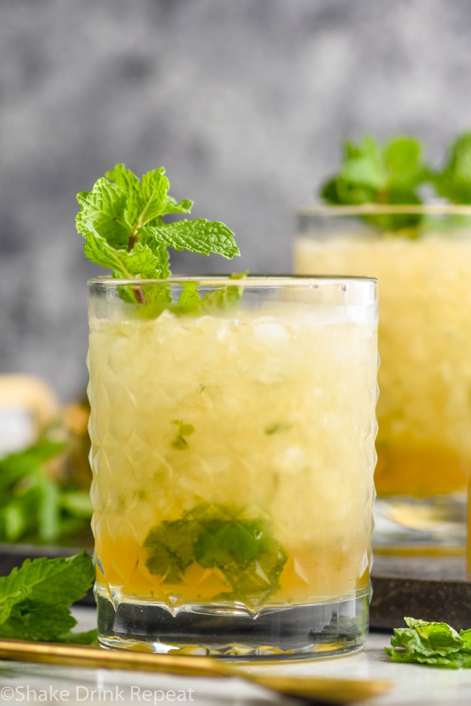two glasses of mint julep cocktail with mint garnish