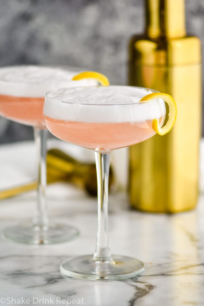 two glasses of cranberry gin fizz with lemon twist and shaker