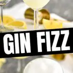 Gin Fizz cocktail in a glass and Gin Fizz recipe being poured into a glass