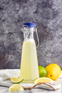 bottle of homemade margarita mix with lemons and limes
