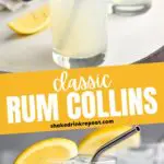 two glasses of rum collins with ice, lemon and straws