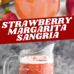 glass and pitcher of strawberry margarita sangria with sugared rim