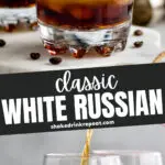 two glasses of white russian cocktail with ice surrounded by coffee beans