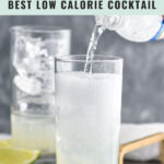 man pouring club soda water into a glass of gin rickey recipe with ice and lime wedges
