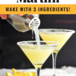 man pouring shaker of lemon drop martini into a martini glass with sugared rim and lemon twist garnish