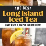 two glasses of long island iced tea with cola, straw, and lemon