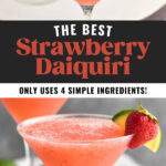 glass of strawberry daiquiri with fresh lime and strawberry garnish