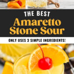 glass of Amaretto Stone Sour with ice, orange slice and cherry garnish. Jigger pouring ingredients into glass of Amaretto Stone Sour