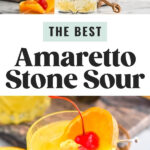 glass of Amaretto Stone Sour with ice, orange slice and cherry garnish. Jigger pouring ingredients into glass of Amaretto Stone Sour